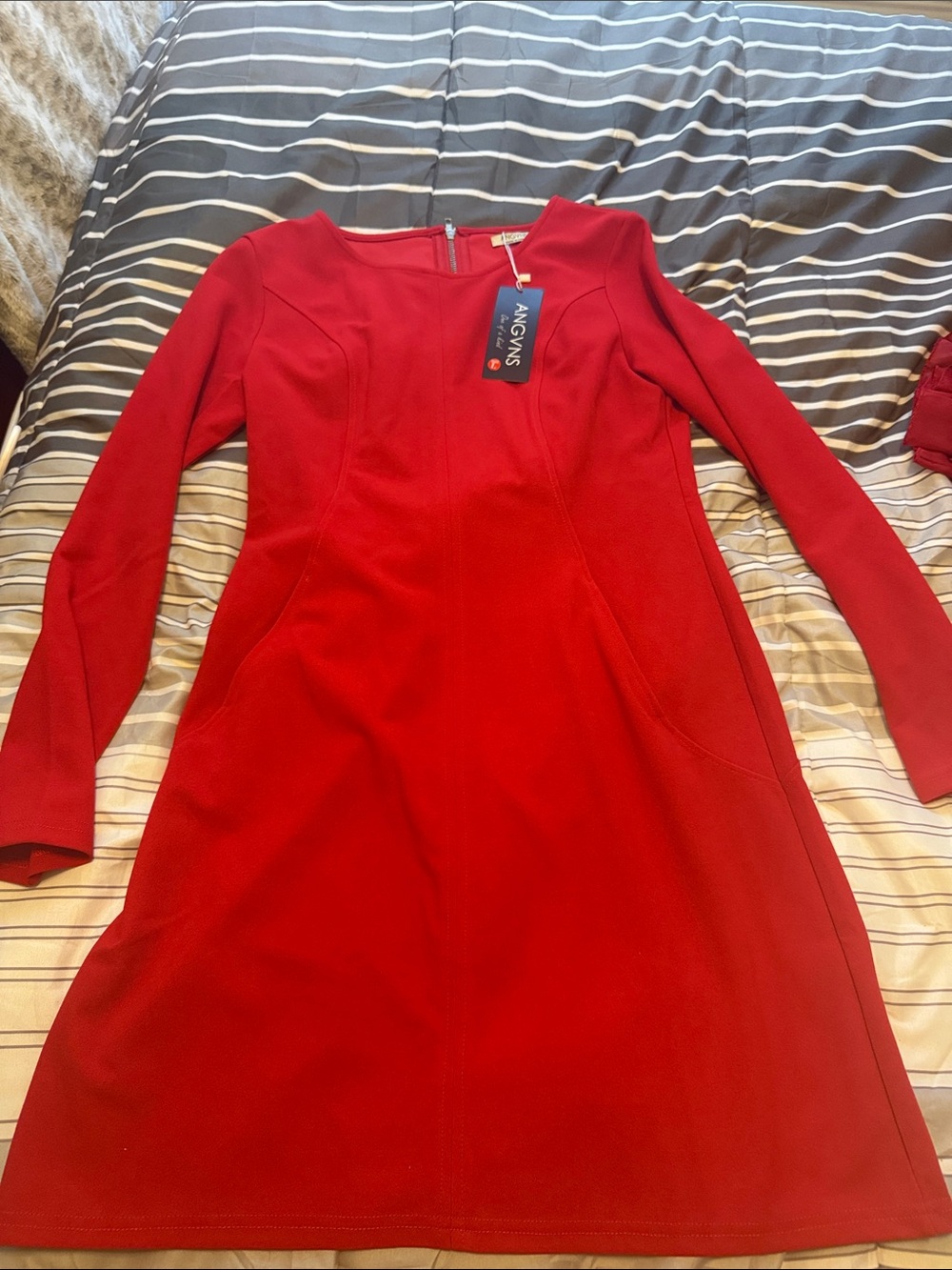ANGVNS Red Long-Sleeve Fit-and-Flare Dress